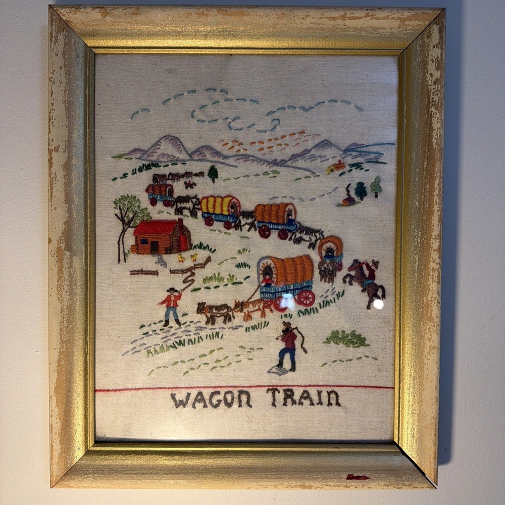 Vtg 1950's Crewel Embroidery Needlepoint Wagon Train In Old Frame Cowboys 10x13"